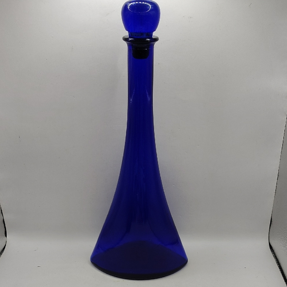Vintage Cobalt Blue Glass Genie Style Bottle Decanter With Cork Stopper